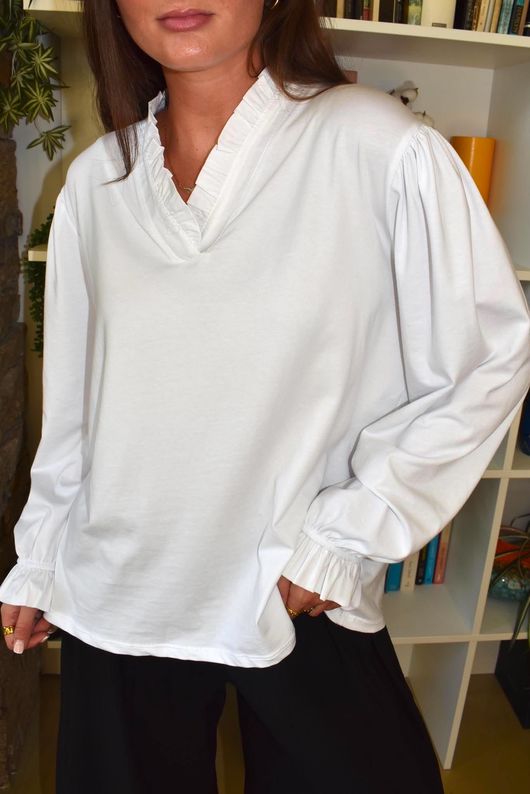 Body Stretch Cotton Ruffle Layer Shirt White